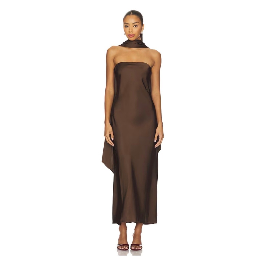 House of Harlow 1960 x Revolve Mel Strapless Midi Dress Choc Brown Satin Scarf M